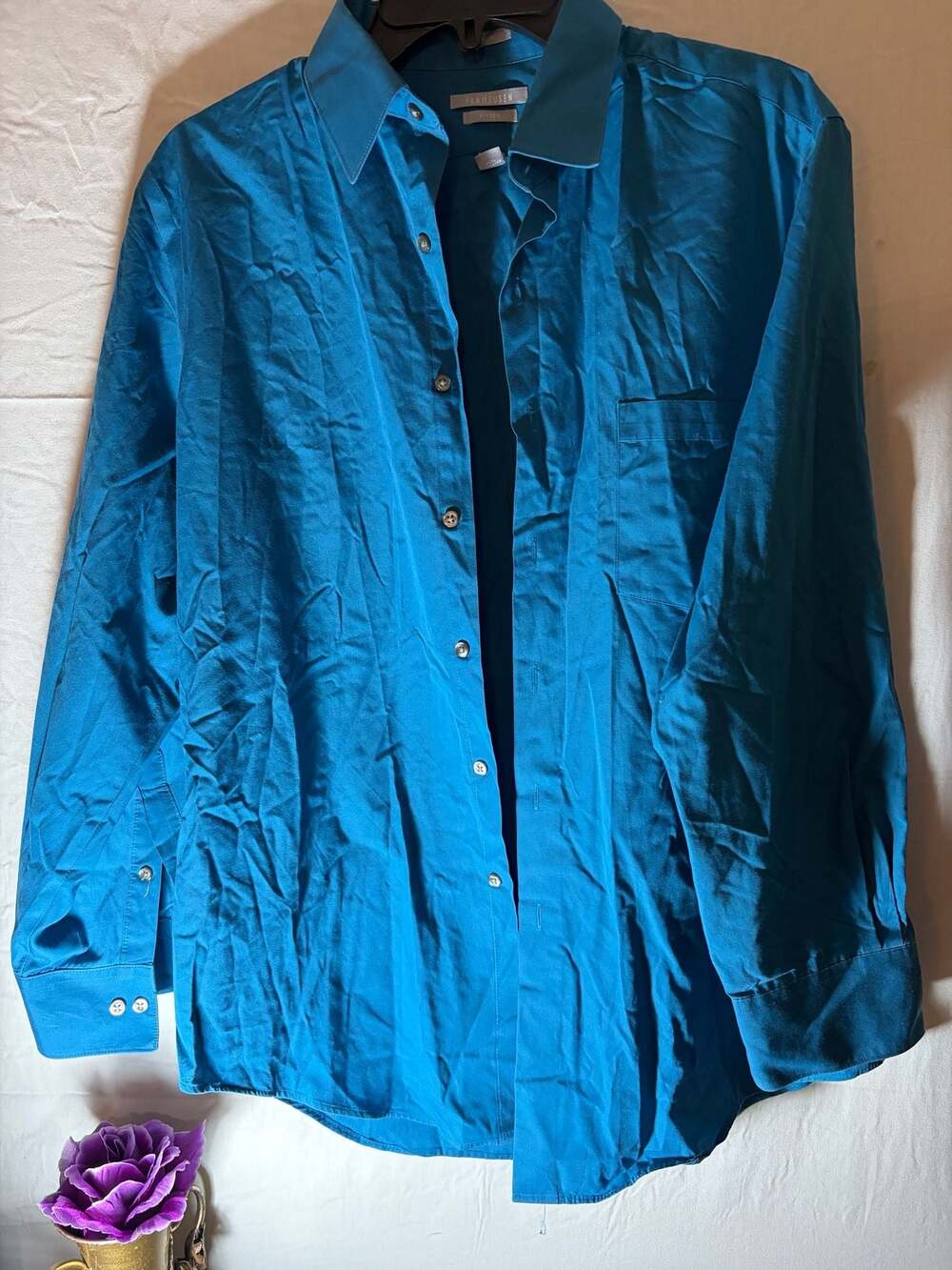 Van Heusen Men's Fitted Long Sleeve Button Up Dress Shirt Teal Blue Size 16